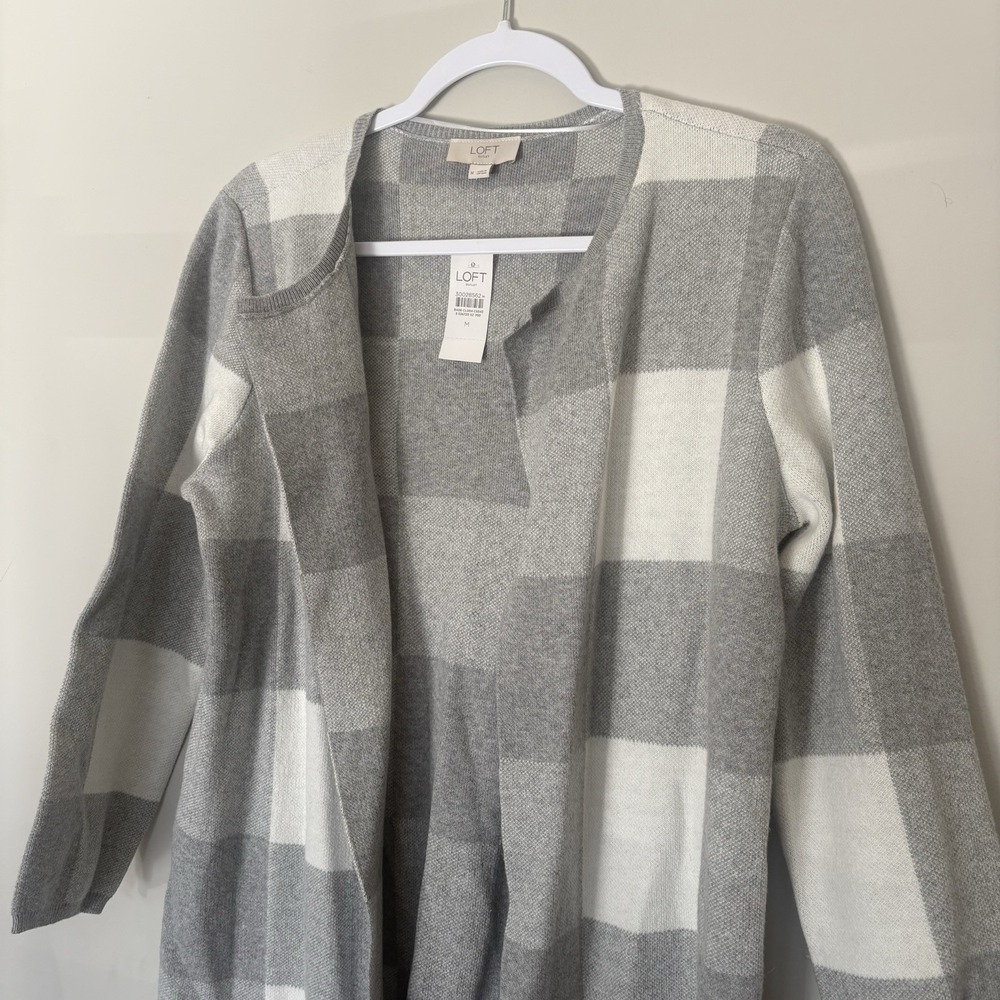 Loft Women's Buffalo Checked Cardigan Sweater Gray White Open Front Cozy M NWT